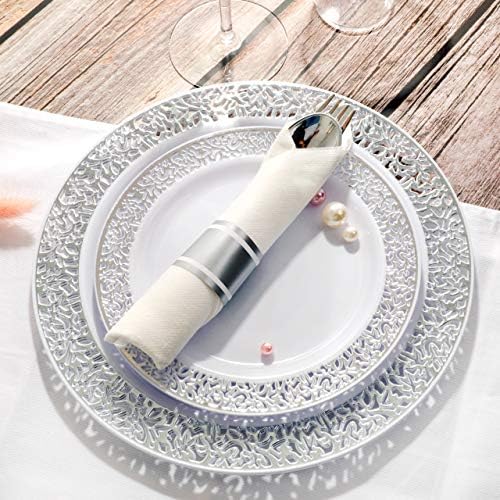 WELLIFE 350 Pieces Silver Disposable Plastic Dinnerware, Includes:50 Dinner Plates, 50 Dessert Plates, 50 Cups, 50 Pre Rolled Napkins with Silver Cutlery - Image 5