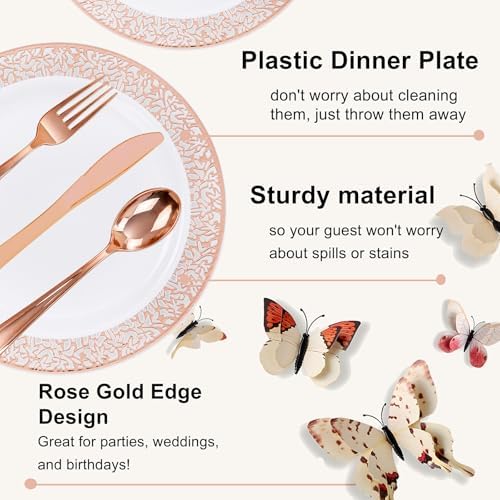 WELLIFE 350 PCS Rose Gold Disposable Dinnerware Set for 50 Guests, Disposable Rose Gold Lace Plates, Include:50 Dinner Plate, 50 Dessert Plates, 50 Pre Rolled Napkins with Silverware and 50 Cups - Image 3