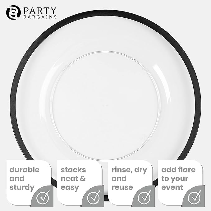 PARTY BARGAINS 13-Inch Charger Plates - 96 Pack, Clear Black Rim, Heavy-Duty Disposable Chargers for Elegant Dining - Ideal for Weddings and Formal Events