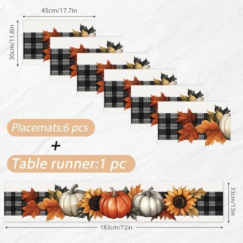 ANNA QUEEN Buffalo Plaid Pumpkin Table Runner and Placemats Set of 6, 13"x72" Table Runner with 12"x18" Placemats, Fall Sunflower Dining Table Set for Kitchen, Farmhouse, Thanksgiving Decor - Image 3