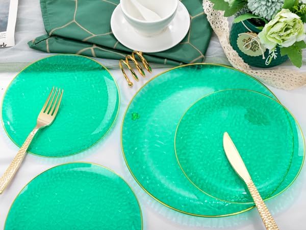 Hioasis 60pcs Green Plastic Plates - Gold Rimmed Disposable, Hammered, Heavy-duty Dinnerware Set Suitable for 30 Guests, 10.25" Dinner & 7.5" Dessert Plates for Party & St. Patrick's Day