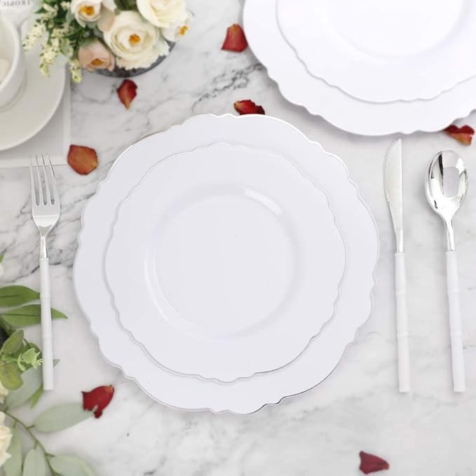 WDF 60pcs Silver Plastic Plates-Baroque White &Silver Plates for Upscale Parties &Wedding-including 30Plastic Dinner Plate 10.25inch, 30 Salad Plate 7.5inch for Valentine's Day