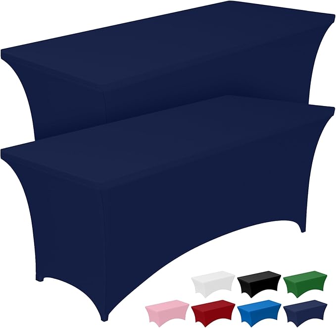 Pureegg Spandex Tablecloth 6ft - 2 Pack, Fitted and Tight Cloth for Rectangle Table, Wrinkle-Free and Stretch Table Cover for Party, Wedding, Banquet and Birthday, Navy Blue