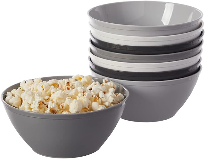 US Acrylic Unbreakable 28 oz. Plastic Stackable Cereal Bowls for Snacks & Ice Cream in Grey Colors (Set of 8) 6-inch Reusable, BPA-Free, Made in the USA, Dishwasher Safe Dinnerware