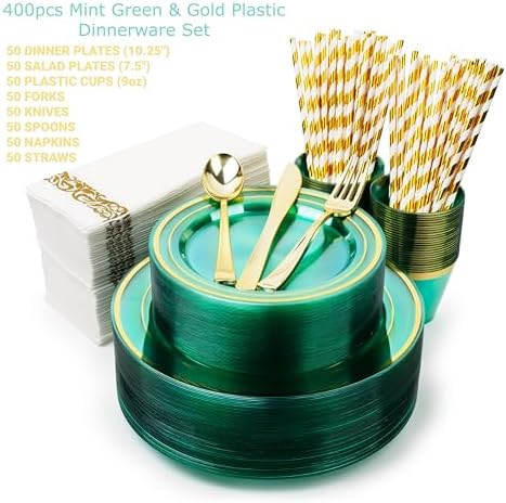 400PCS Mint Green Plastic Plates for 50 Guests, Disposable Plates Heavy Duty,100 Fancy Plates, 150 Gold Silverware, 50 Cups, 50 Napkins, 50 Straws Wedding, St. Patrick's Day, Easter - Image 3