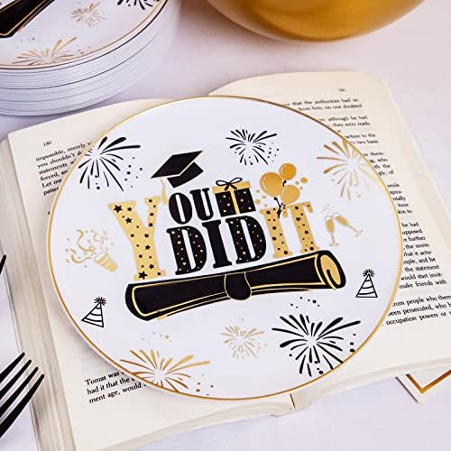 Liacere 150PCS Graduation Plastic Plates - Disposable Black and Gold, Graduation Party include 50Plates 25Knives 25Forks 25Spoons 25Cups - Image 6