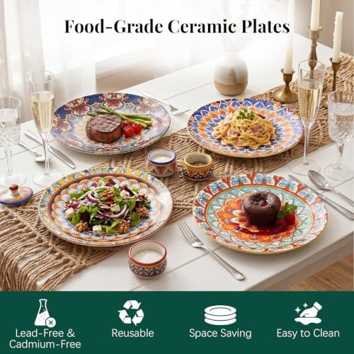 Colorful Salad & Dessert Plates Set of 4, 8.5Inch Boho Ceramic Dinner Plate - Image 4