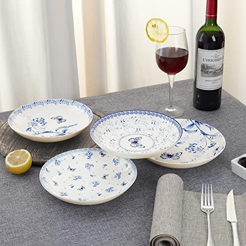fanquare 8 Inch Pasta Bowls Set of 4, Porcelain Salad Plates for Desserts, Bread, Soup, Blue Floral Shallow Serving Plates - Image 5
