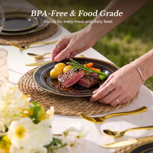 Goodluck 250 PCS Black Plastic Plates with Gold Rim＆Cutlery Set (50 Guests) - Image 5