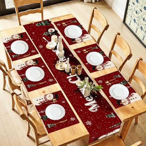 ANNA QUEEN Snowman Christmas Table Runner and Placemats Set of 6, 13"x72" Table Runner with 12"x18" Placemats, Winter Holiday Dining Decor by ANNAQUEEN