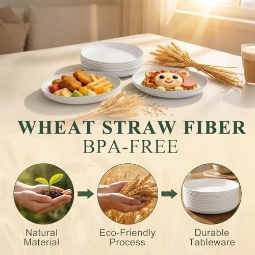 Wheat Straw Plate 8 Inch, Unbreakable Kids Plates Set of 8 - White - Image 3