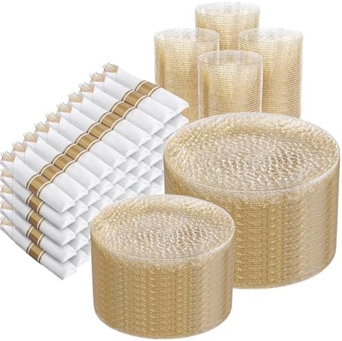 Rubtlamp 700Pcs Gold Glitter Plastic Dinnerware Set, Hammered Clear Plates, Fancy Plastic Plates Include 100 Dinner Platos, 100 Salad Platos, 100 Cups,100 Pack Pre Rolled Glitter plastic Silverware by Rubtlamp