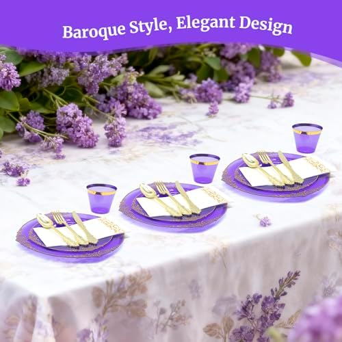 AIRE Purple Gold Plastic Plates Set, 175PCS Disposable Dinnerware for 25 - Image 3