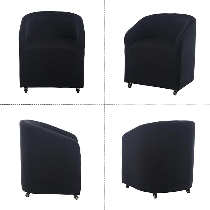 Modern Barrel Dining Chair with Rolling Casters, Upholstered Velvet Swivel Dining Room Chair with Wheels for Kitchen Living Room Home Office, Black