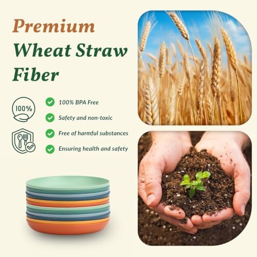 Homienly Unbreakable Deep Plates Set of 12 Wheat Straw Large Plates 10 Inch Microwave Safe Salad Plates Set for Bread & Butter, Burgers Plastic Plates Alternative for Picnic, Party (Vibrant Colors) - Image 3
