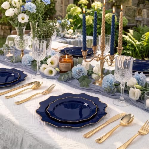 WDF 50PCS Navy Blue Disposable Plates Fancy Blue Plates with Gold for Party - Image 4