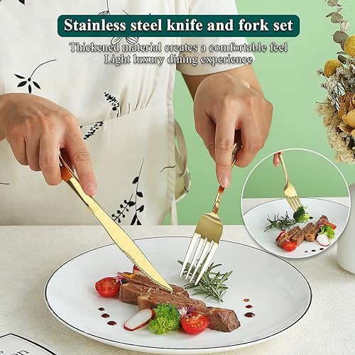 Evanda Gold Steak Knives Set 12 Piece, Gold Titanium Plating Stainless Steel 6 Dinner Forks and 6 Dinner Knives Set, Steak Knives Steak Forks, Dishwasher Safe - Image 6