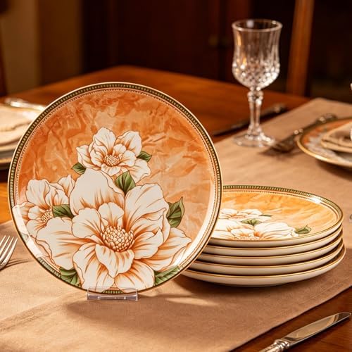 Elegant Camellia Ceramic Dinner Plates, Set of 6, 10.25-Inch Large Serving Plates for Kitchen, Microwave, Oven & Dishwasher Safe by FANGJING