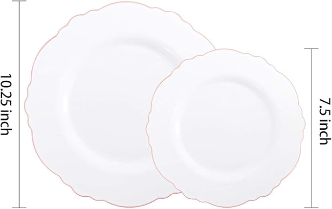 WDF 100pcs Rose Gold Plastic Plates-Baroque White &Rose Gold Disposable Plates including 50Plastic Dinner Plates 10.25inch,50Salad Plates 7.5inch for Wedding & Parties