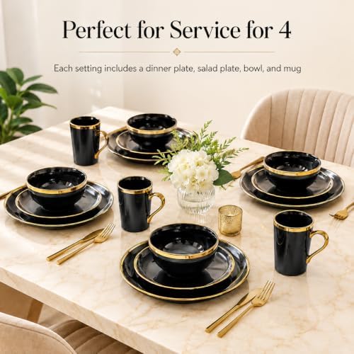 Black and Gold Dinnerware Set for 4, 16-Piece Porcelain - Image 7