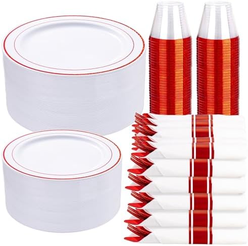WELLIFE 700 Pieces Red Plastic Plates - Disposable Silverware and Cups, Include: 100 Dinner Plates 10.25”, 100 Dessert Plates 7.5”, 100 Red Cups 9 OZ, 100 Plastic Cutlery by WELLIFE