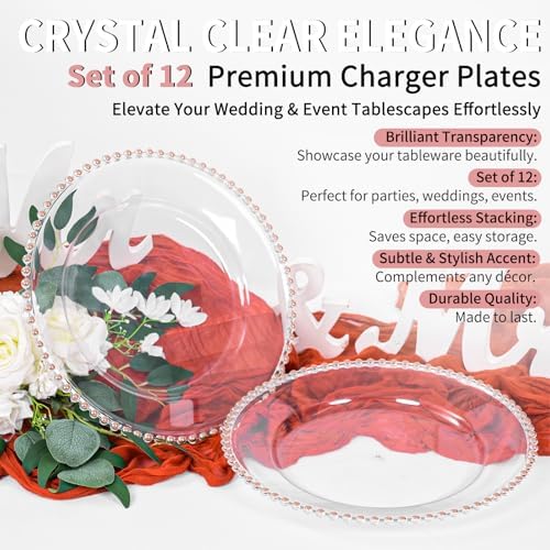 24 Pack Clear Charger Plates 13 Inch Acrylic Round Dinner Chargers with Pink Beaded Rim, Plastic Round Decorative Plates for Kitchen Wedding Party Home and Tabletop Decoration - Image 6