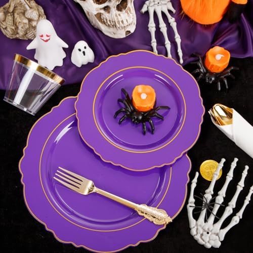 Liacere 175PCS Purple Plastic Plates-Disposable Purple and Gold - 25 guest Baroque Plastic Dinnerware include 50Plates,25Pack Pre Rolled Napkins with Silverware 25Cups for Wedding&Party＆Halloween - Image 3