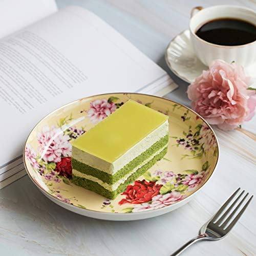 BTaT- Floral Dessert Plates Ceramic, Set of 4, 8 Inch, Assorted Colors with Golden Rim, Deep Porcelain Floral Plates Set of 4, Dishwasher Safe - Image 4
