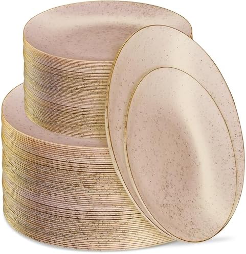 PLASTICPRO 128 Pack Elegant Disposable Plastic Plates Combo Set Bulk Pack Includes 64 Dinner Plates and 64 Salad Plates Heavy Duty Fancy Party Plates Pink Granite Plates with Gold rim by PLASTICPRO