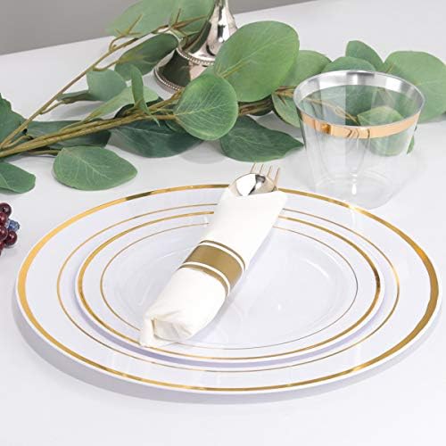 WELLIFE 210 Piece Gold Plastic Dinnerware Set, Include: 30 Dinner Plates, 30 Dessert Plates, 30 Pre Rolled Napkins with Silverware and 30 Cups - Image 6