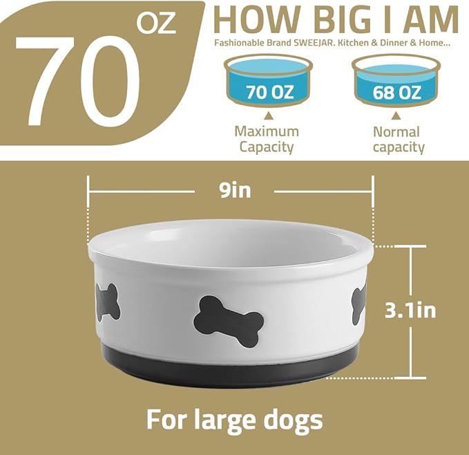 Sweejar Ceramic Dog Bowls with Bone Pattern, Dog Food Dish for Large Dogs, Porcelain Pet Bowl for Water 70 Fl Oz (Brown)