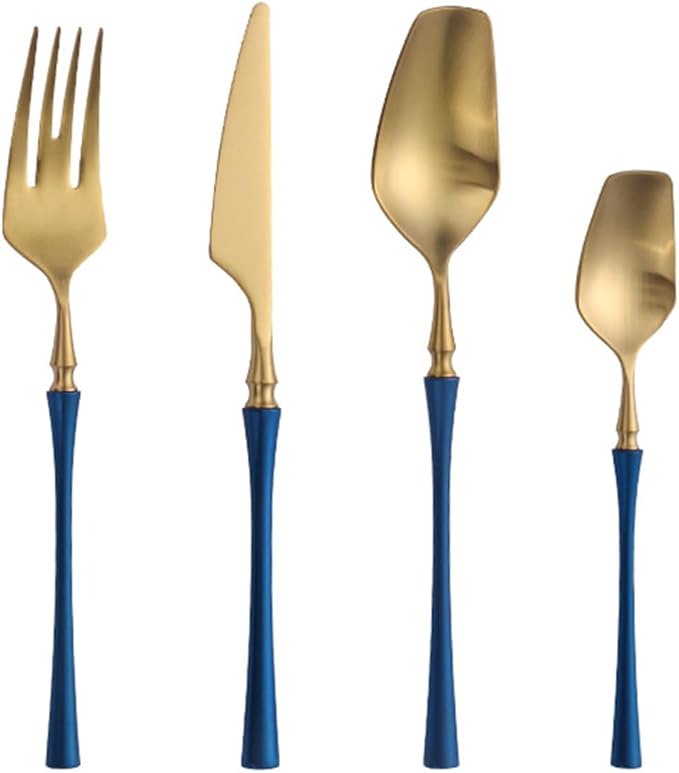 24 Piece Gold Silverware Set for 6 Durable 18/8 Stainless Steel Flatware Set Slim Waist Blue Handles Cutlery Set Include Spoons Knifes Forks Kitchen Wedding Restaurant ZILNEHZ