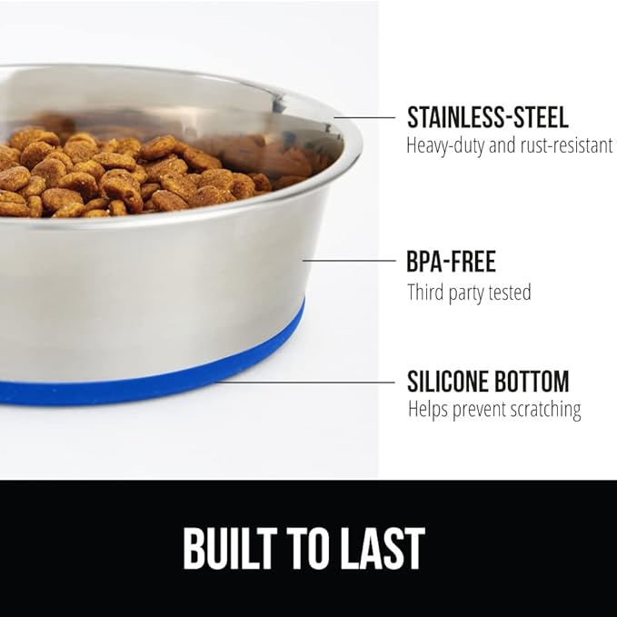 GORILLA GRIP Set of 2 Dog Bowls, Holds 6 Cups (48 fl oz), Heavy Duty Metal Food and Water Bowl for Feeding Dogs and Cats, Dishwasher Safe, Rust Resistant Stainless Steel, BPA Free Rubber Base, Blue