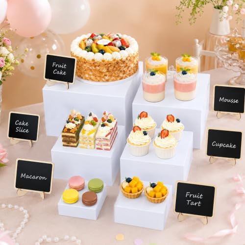 6PCS White Dessert Stands 3 4 5 6 7 8 Inch with 6 Wooden Signs 2 Markers - Image 4