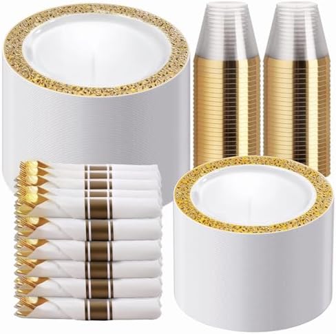 WELLIFE 50 Guests Dinnerware Sets, Gold Plastic Plates，Platos Para Fiestas Elegantes Desechables Include:50 Dinner Plates, 50 Dessert Plate, 150 Pcs Gold Plastic Silverware, 50 Cups for Party by WELLIFE