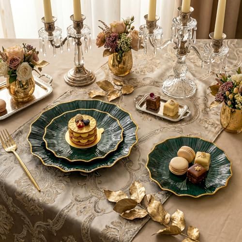 Rubtlamp Heavyduty 60Pcs Green Plastic Plates - Green Scalloped Plates with Gold Trim - 30 Gold Dinner & 30 Dessert Platos, Fancy Disposable Plates for Party&Wedding (30 Guests) - Image 5