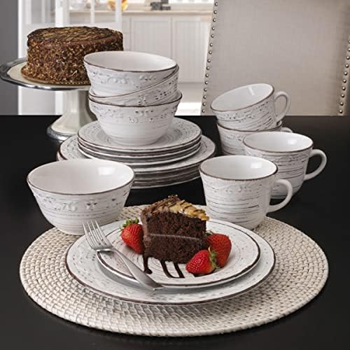 Pfaltzgraff Trellis White 16-Piece Stoneware Dinnerware Set, Service for 4, Distressed White Finish, Microwave & Dishwasher Safe Plates and Bowls - Image 6