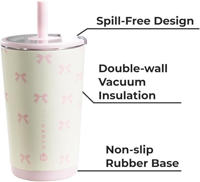 HydroJug Everyday Tumbler 14 oz – Ceramic-Lined Insulated Tumbler with Straw and Soft-Touch Lid, Cup Holder Friendly, Double-Wall Vacuum Insulation, Reusable Travel Cup – Bows