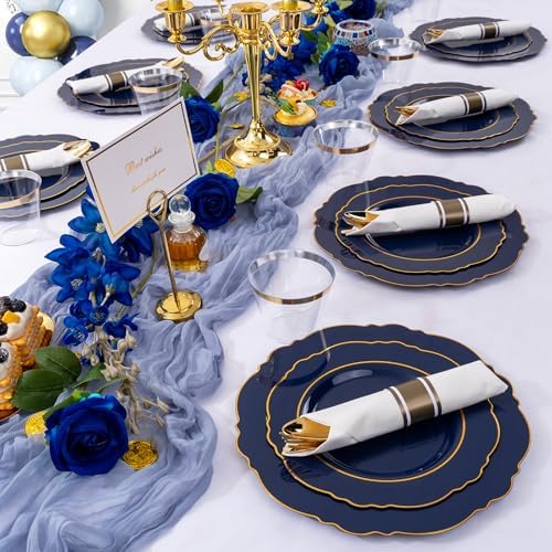 Liacere 175PCS Navy Blue Plastic Plates-Disposable Blue Gold - 25guest Baroque Plastic Dinnerware include 50Plates,25Pack Pre Rolled Napkins with Silverware 25Cups for Party & Wedding & Labor Day - Image 2