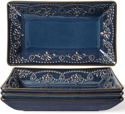 Artena Salad Plates Set of 4, 9.85" Embossed Ceramic Rectangular Appetizer Plates, Deep Lipped Edges, Microwave & Dishwasher Safe, Dessert Sushi Pasta Serving Plates (Blue, Damask Floral) by Artena