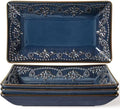 Artena Salad Plates Set of 4, 9.85" Embossed Ceramic Rectangular Appetizer Plates, Deep Lipped Edges, Microwave & Dishwasher Safe, Dessert Sushi Pasta Serving Plates (Blue, Damask Floral) by Artena