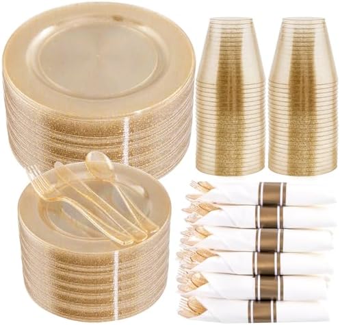 WELLIFE 210Pcs Gold Glitter Dinnerware Set, Gold Glitter Disposable Dinnerware for 30 Guests, Include: 30Dinner Plates, 30Dessert Plates, 90Gold Glitter Silverware, 30 Cups, 30 Paper Napkins by WELLIFE