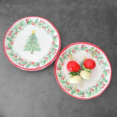 UP Christmas Tree Melamine Round Dessert Plates, Small Serving Plates, Christmas Decorations, for Appetizer, Snacks, and Side Dishes, Red and Green, 6 Inch, Set of 4 - Image 5