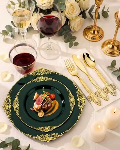 Morejoy 350 PCS Green Plastic Plates,Green Gold Plastic Dinnerware Sets - Image 2