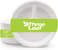 three leaf 10" 3 COMPARTMENT BAGASSE ROUND PLATE, 50 Ct. Heavy-Duty- Super Strong- Natural- Eco-Friendly Disposable Bagasse Plates, 100% Biodegradable 10 inch 3 compartment plates