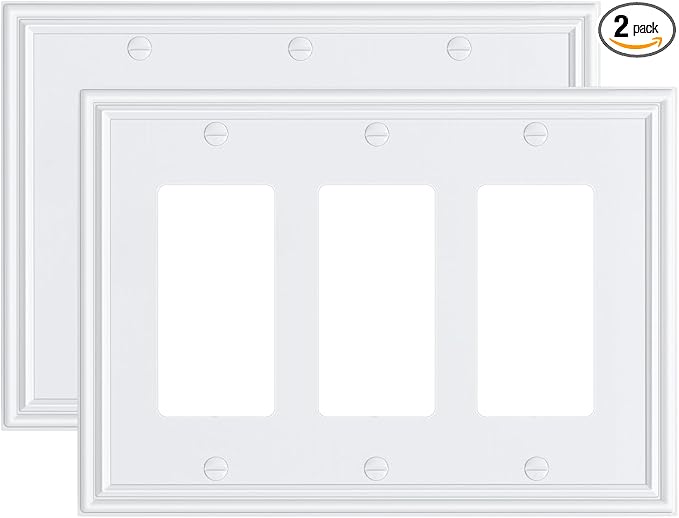 2-Pack Decorative Tripple Decorator Outlet Cover Plate, Durable Zinc Alloy Pure White Wall Plates for Electrical Outlets, Receptacle, GFCI Outlet, Dimmer Switch, 3-Gang, Corrosion Resistant