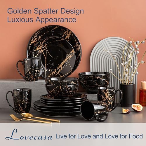LOVECASA Black Plates and Bowls Sets for 4, Porcelain Dinnerware Sets 16 Piece Gold Splash Glaze Ceramic Dish Set, Round Dinner Set with Mugs, Dishwasher Microwave Safe - Image 3