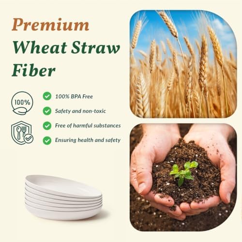 Homienly Wheat Straw Plates 9 inch Deep Dinner Plates 6 PCS Unbreakable Salad Plates for Kitchen, Camping, RV, Reusable Plastic Plates for Dessert, Bread & Butter Microwave and Dishwasher Safe (White) - Image 3