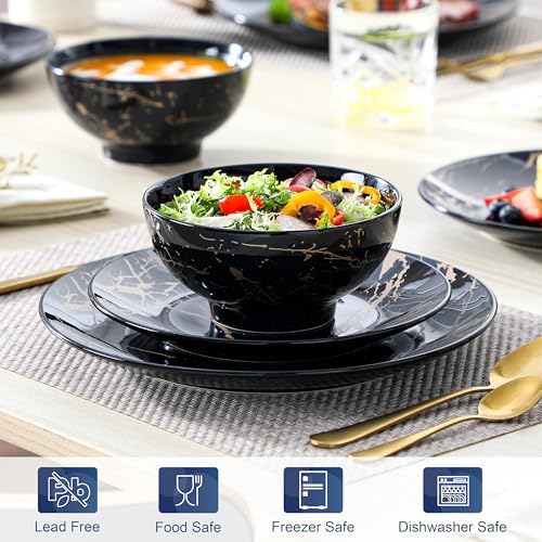 LOVECASA Plates and Bowls Sets for 4, 12 Pieces Porcelain Dinnerware Sets, Black and Gold Dish Set Gold Splash Dishware Sets, Dishwasher Microwave Safe - Image 4