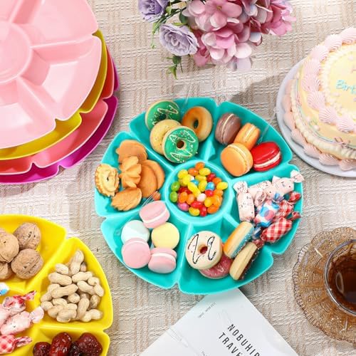 Zhehao 6 Pcs Plastic Divided Serving Trays with 60 Pcs Disposable Fork, 7 Compartments Round Chip Dip Plate, Petal Shape Platter, 10.6'' Snacks Serving Dish for Party Candy Nuts Fruits (Bright Color) - Image 7